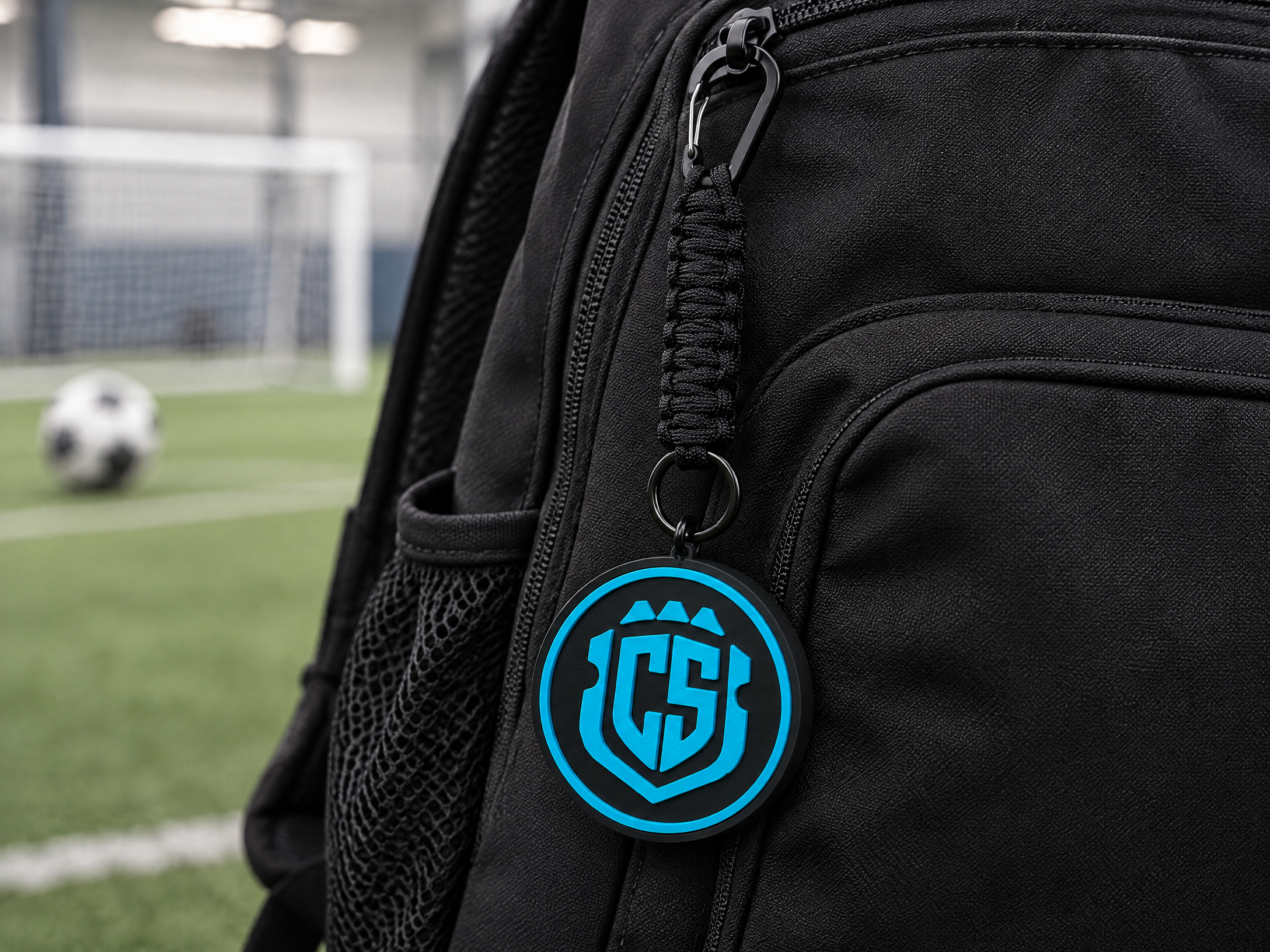 CS Futsal teal Tracker Tag attached to a black soccer backpack with black braided paracord and black carabiner