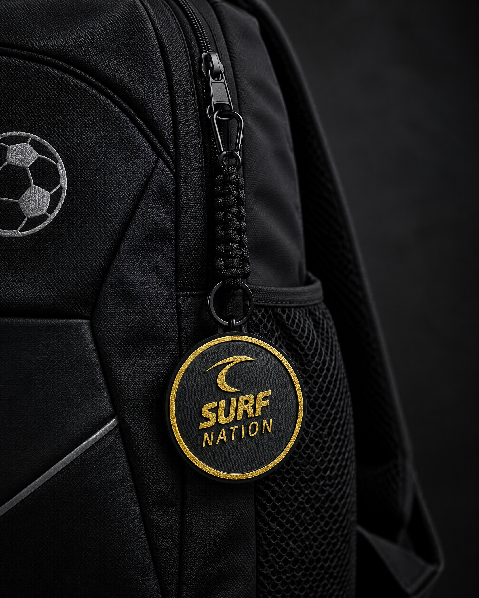 Gold Surf Nation Tracker Tag attached to a real backpack with black braided paracord