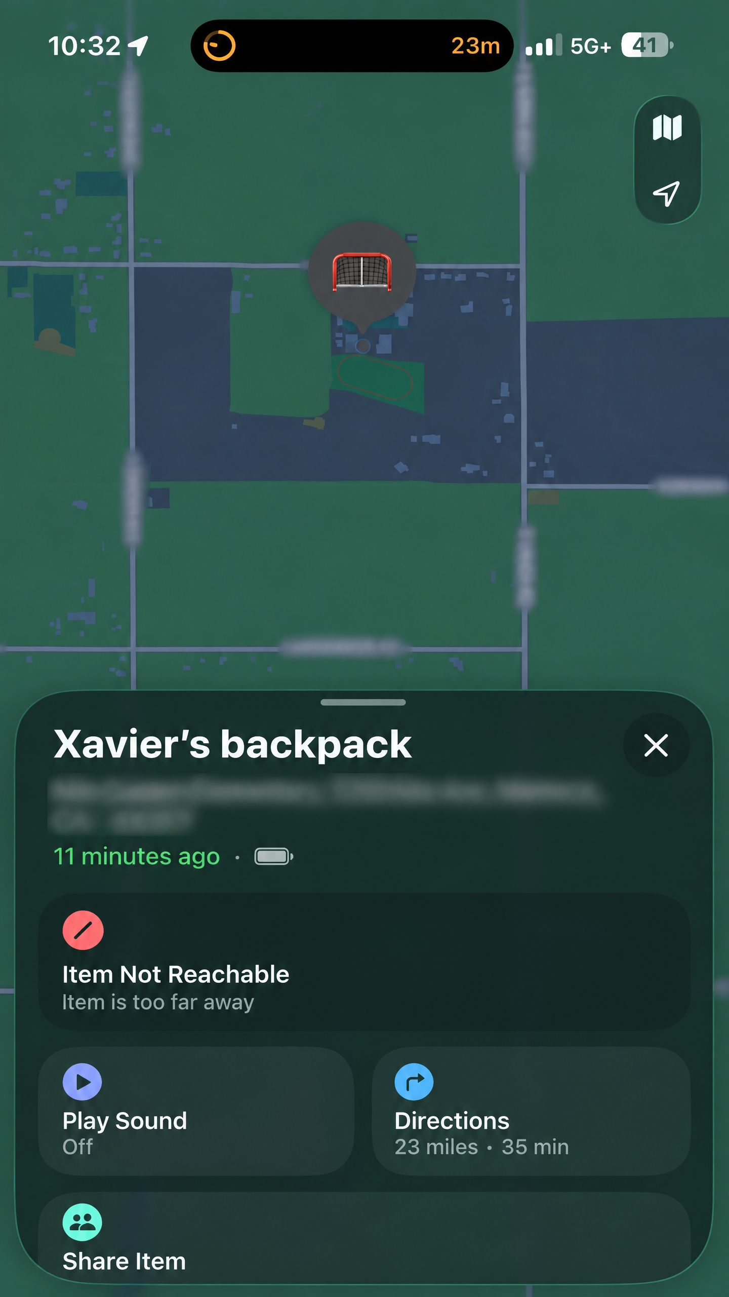 Privacy-protected example of a phone showing a Tracker Tag bag's last reported location