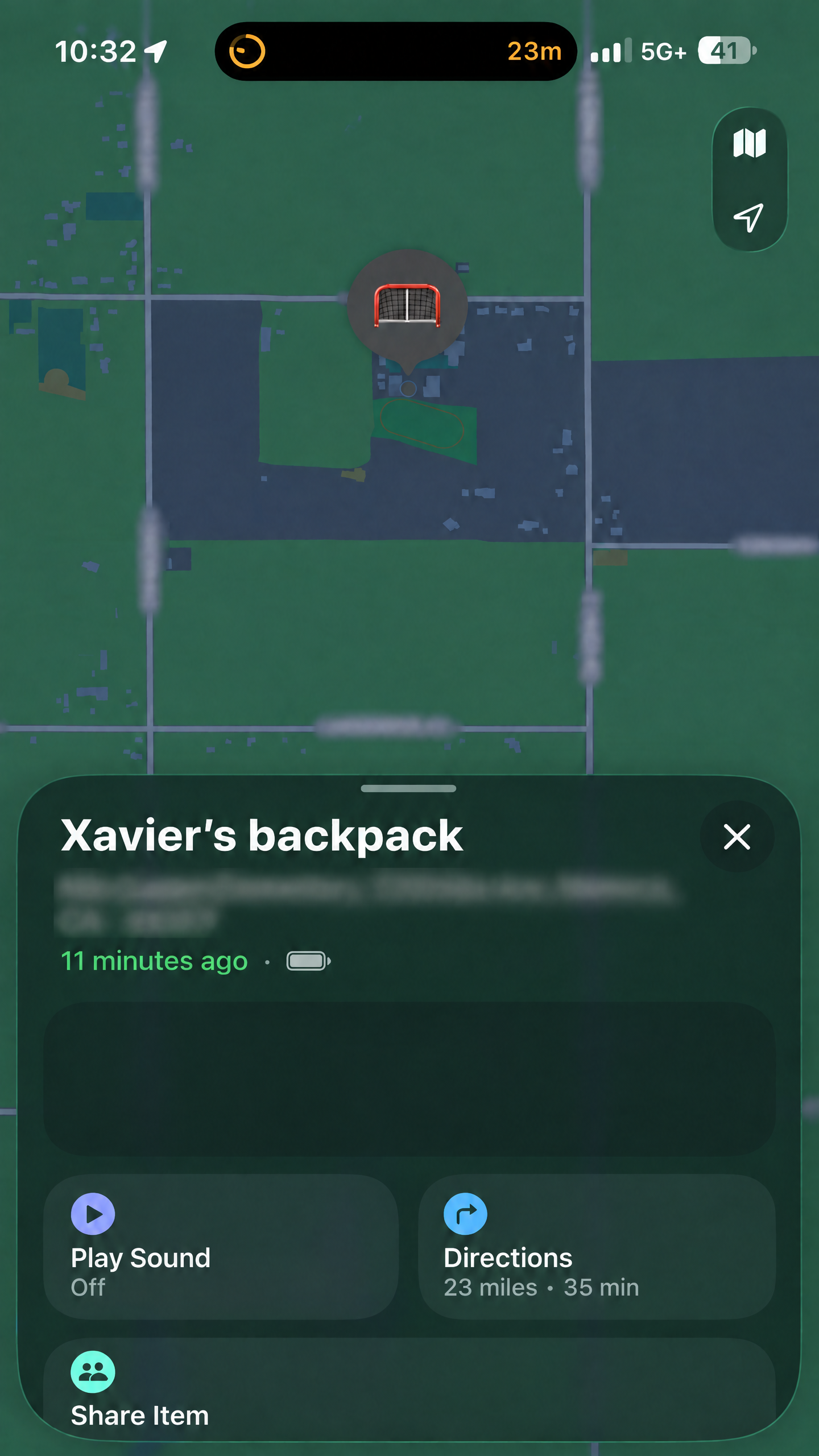 Privacy-protected example of a phone showing a Tracker Tag bag's last reported location